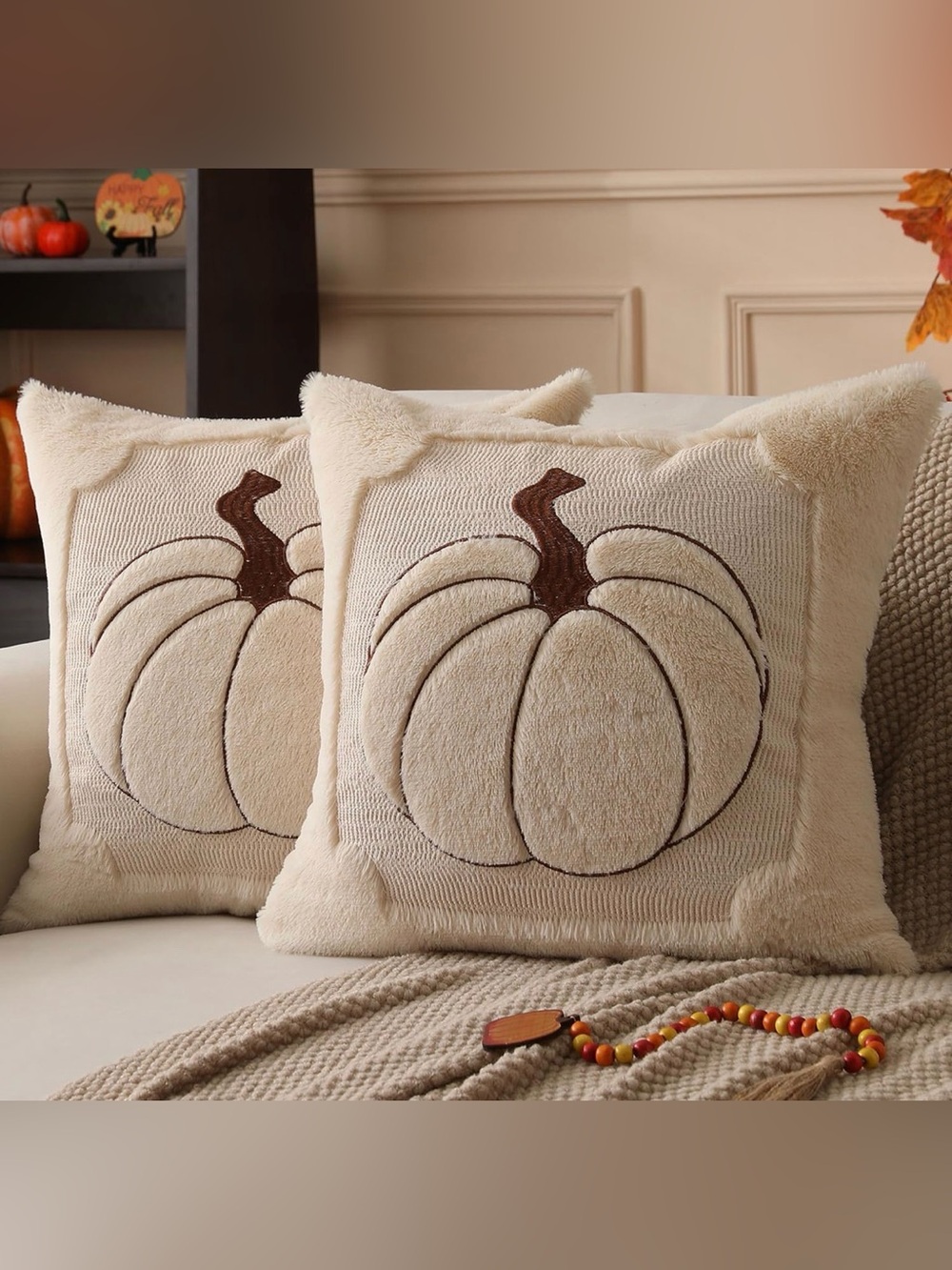 NWT Fall Pillow Covers 18x18 2 Pack Beige Pumpkin